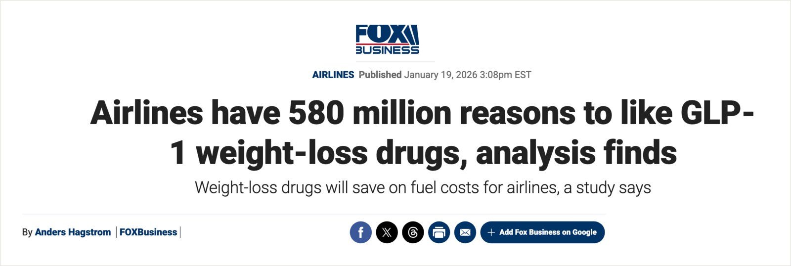 Fox Business headline: Airlines have 580 million reasons to like GLP-1 weight-loss drugs