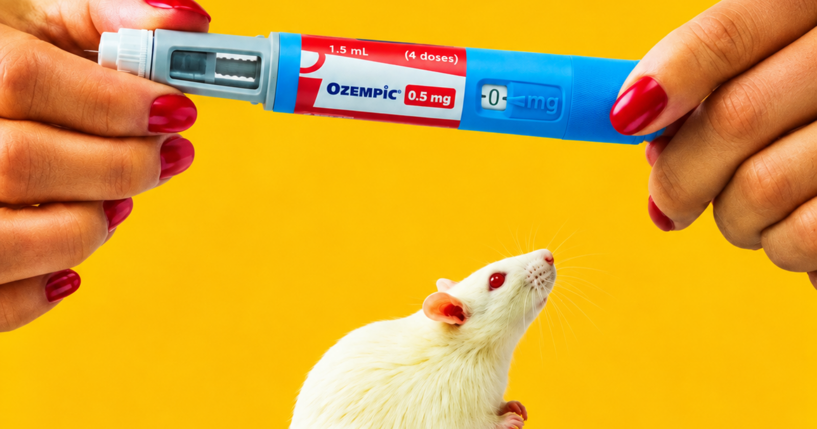 Un stylo d'Ozempic tenu au-dessus d'une souris blanche