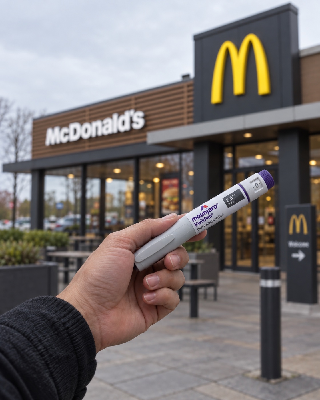 A GLP-1 injection pen held up in front of a McDonald's restaurant