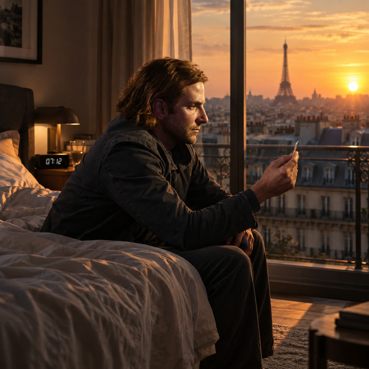 A man awake at dawn looking over Paris rooftops