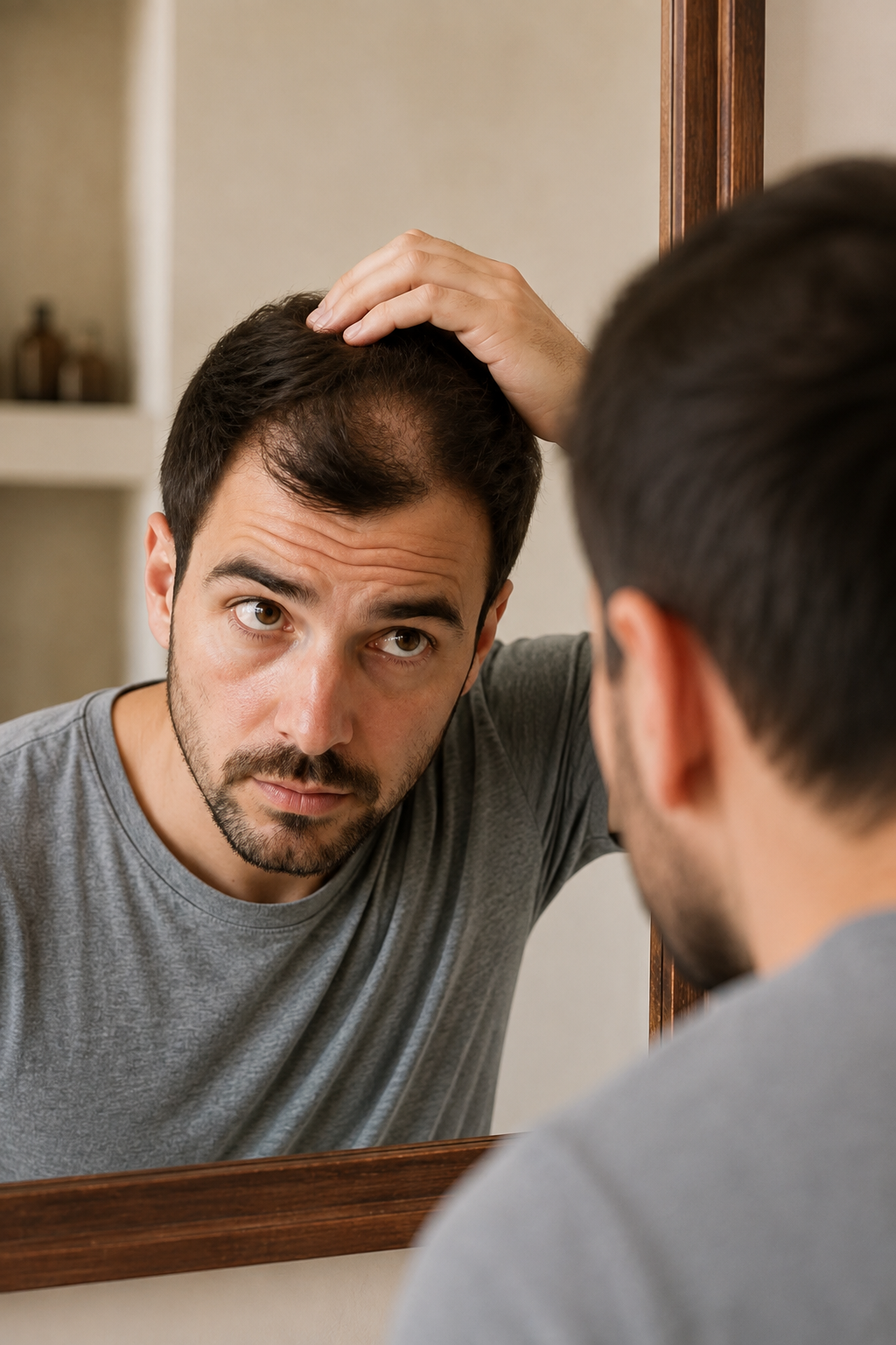 Man checking his hairline in a mirror
