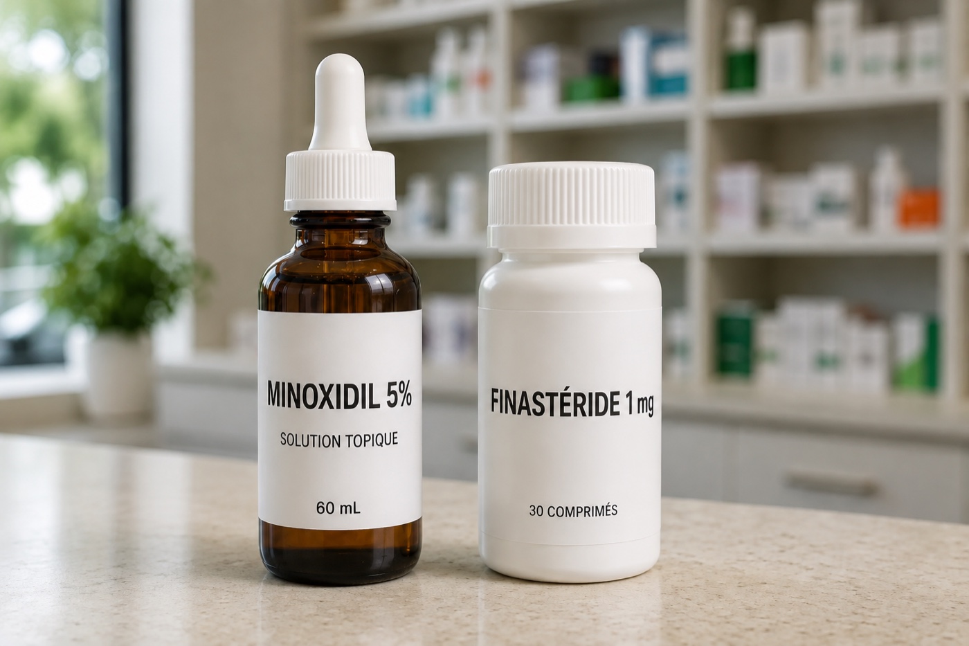 A bottle of minoxidil 5% and a bottle of finasteride 1 mg on a pharmacy counter