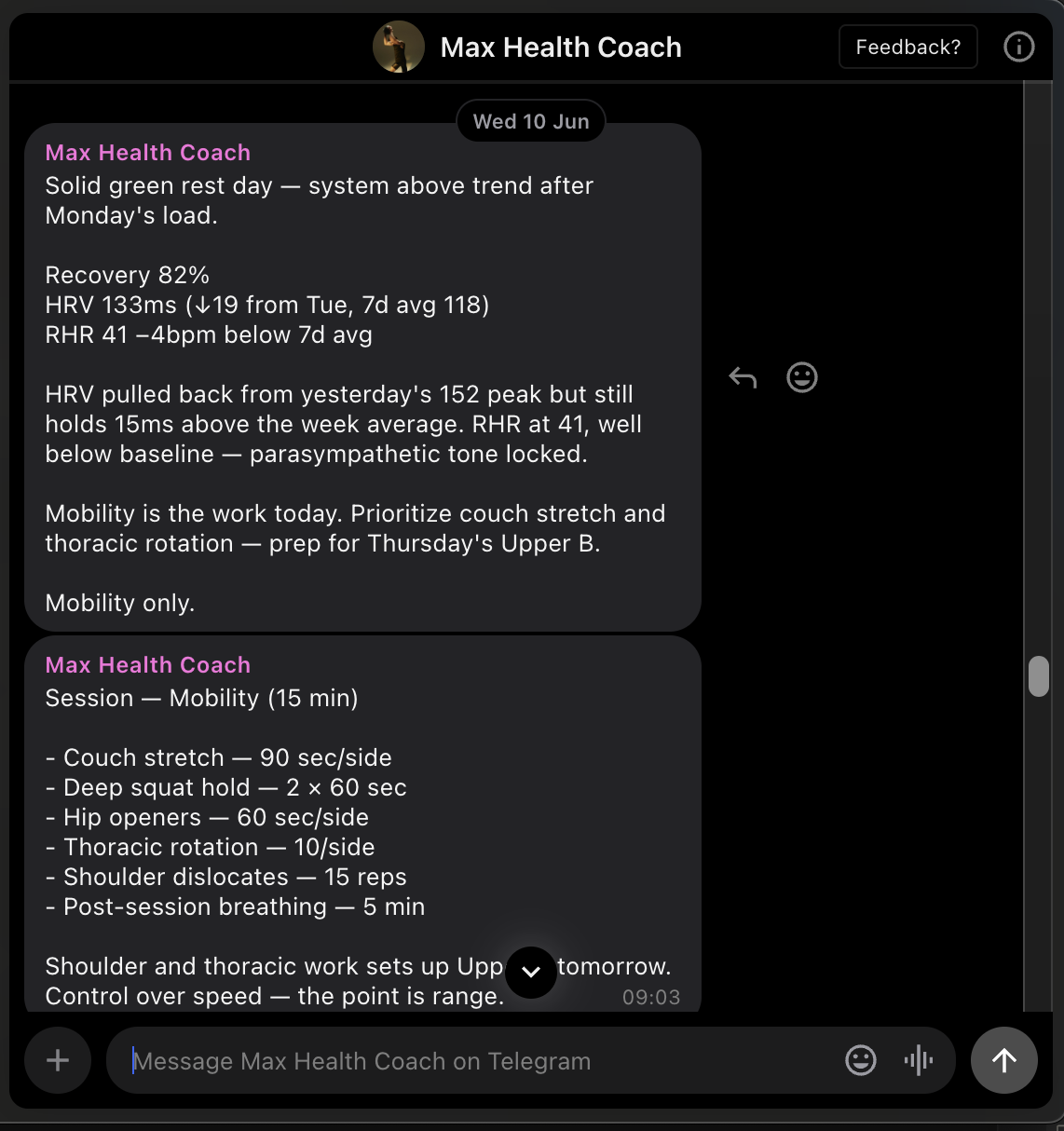 Max Health Coach messaging me every morning on Telegram with how ready I am and my workout